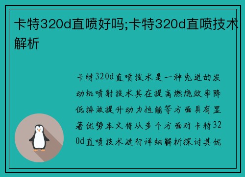 卡特320d直喷好吗;卡特320d直喷技术解析